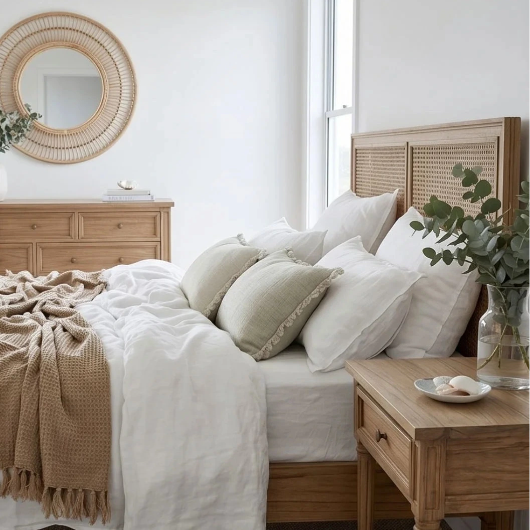 Neatly made bed with white bedding and beige throw, wooden nightstand with decorative items.