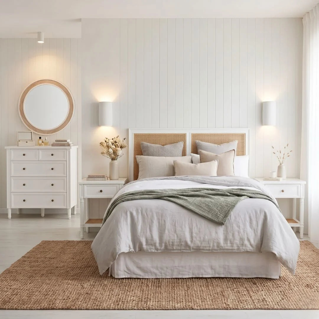 Neatly arranged bedroom with a bed, nightstands, and dresser.