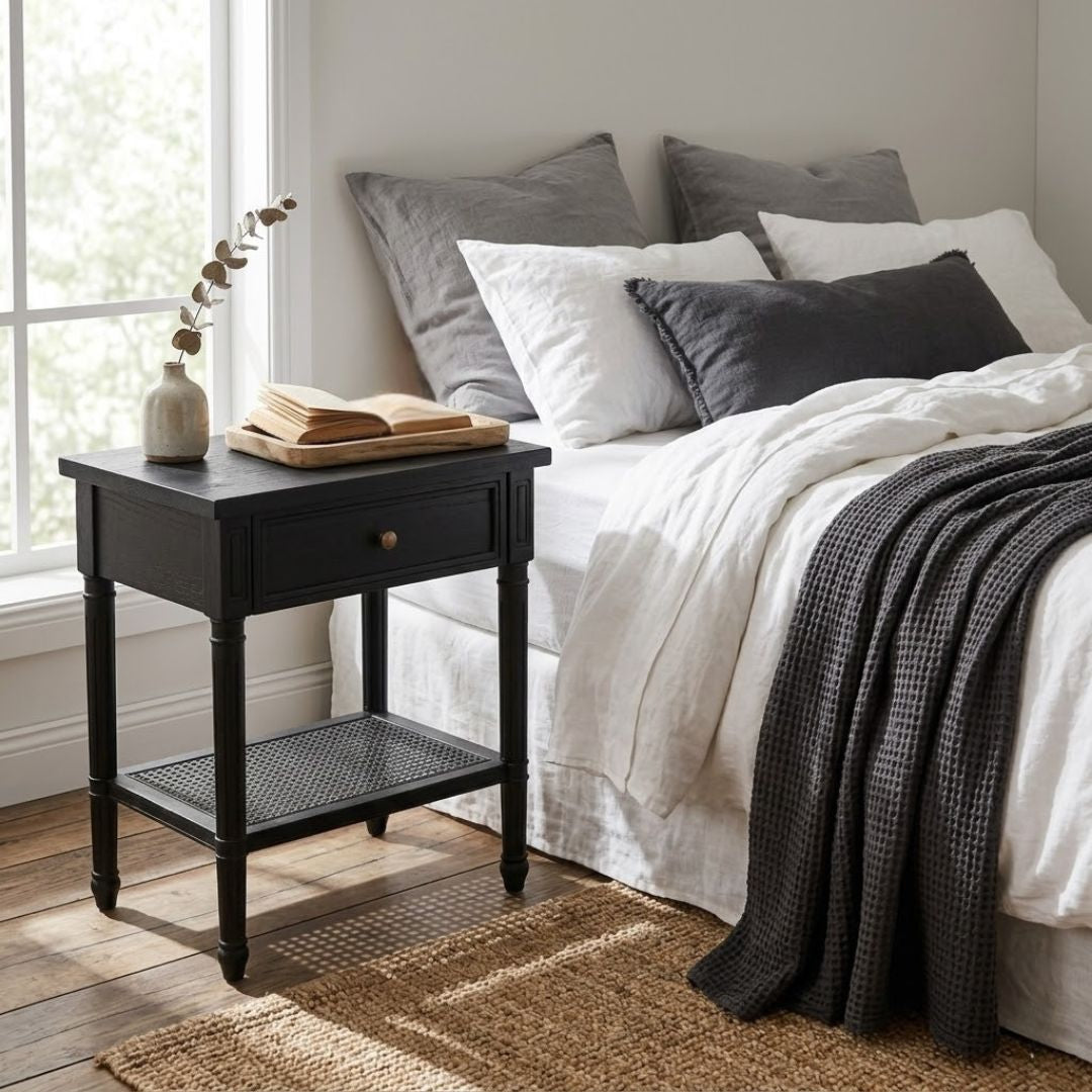 Bedroom with a bed featuring pillows and a blanket, next to a black nightstand with a book and vase.