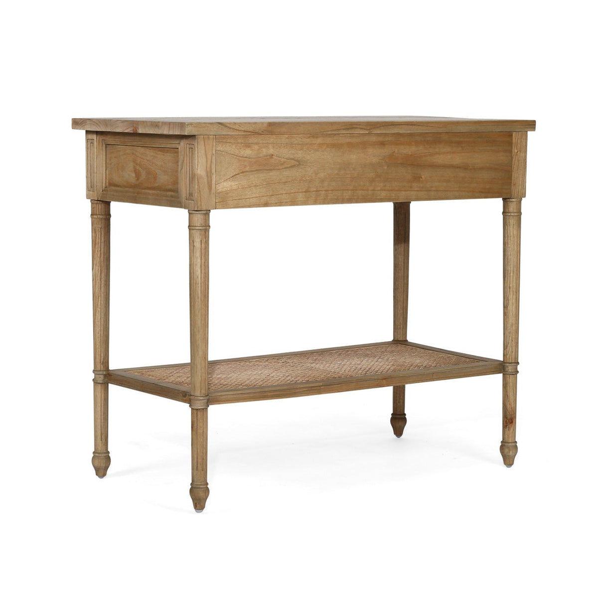 A rustic wooden console table with a single drawer, four turned legs, and an open lower shelf, shown against a plain white background.