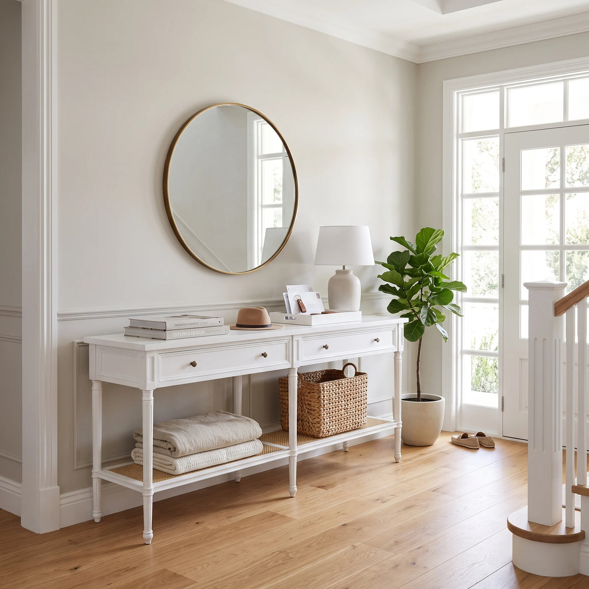 A white console table with two drawers and an open lower shelf, styled in a bright entryway with a round gold-framed mirror, white table lamp, wicker basket, folded linens, and a potted green plant.