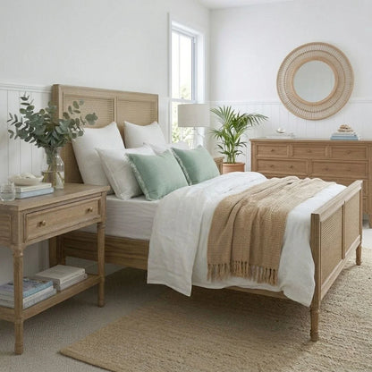 Neatly arranged bedroom with wooden furniture and decorative elements.