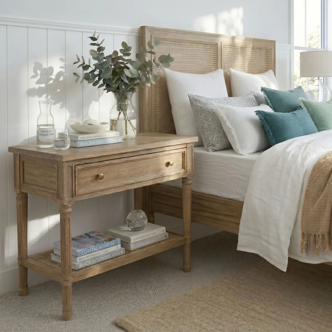 Bedroom with wooden nightstand, bed with pillows, and decorative elements.