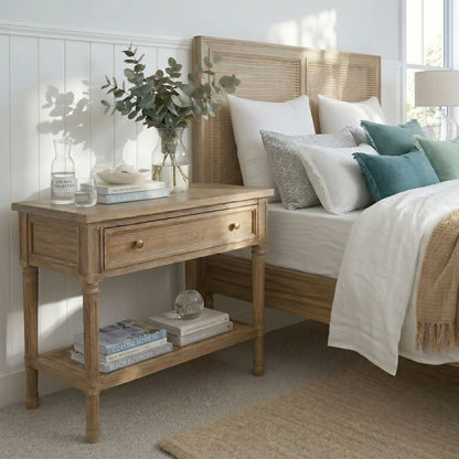 Bedroom with wooden nightstand, bed with pillows, and decorative elements.