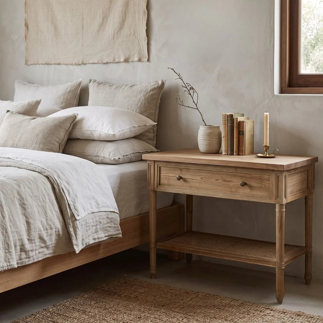 Sun Republic cayman weathered oak nightstand bedside table in a modern styled bedroom