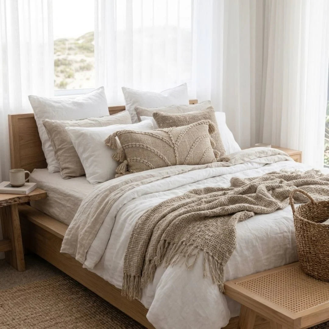 Chloe Cushion Cover on a styled modern coastal bed.