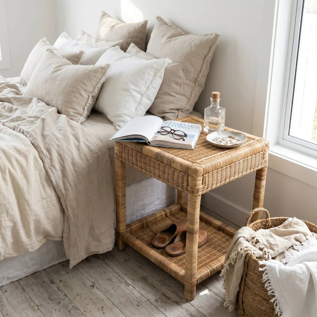 Wicker side table next to a bed with pillows and a book