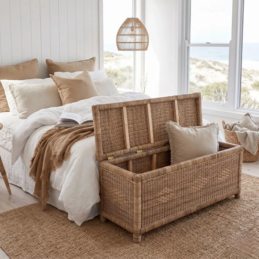 Wicker storage chest in a bedroom with a bed and pillows.