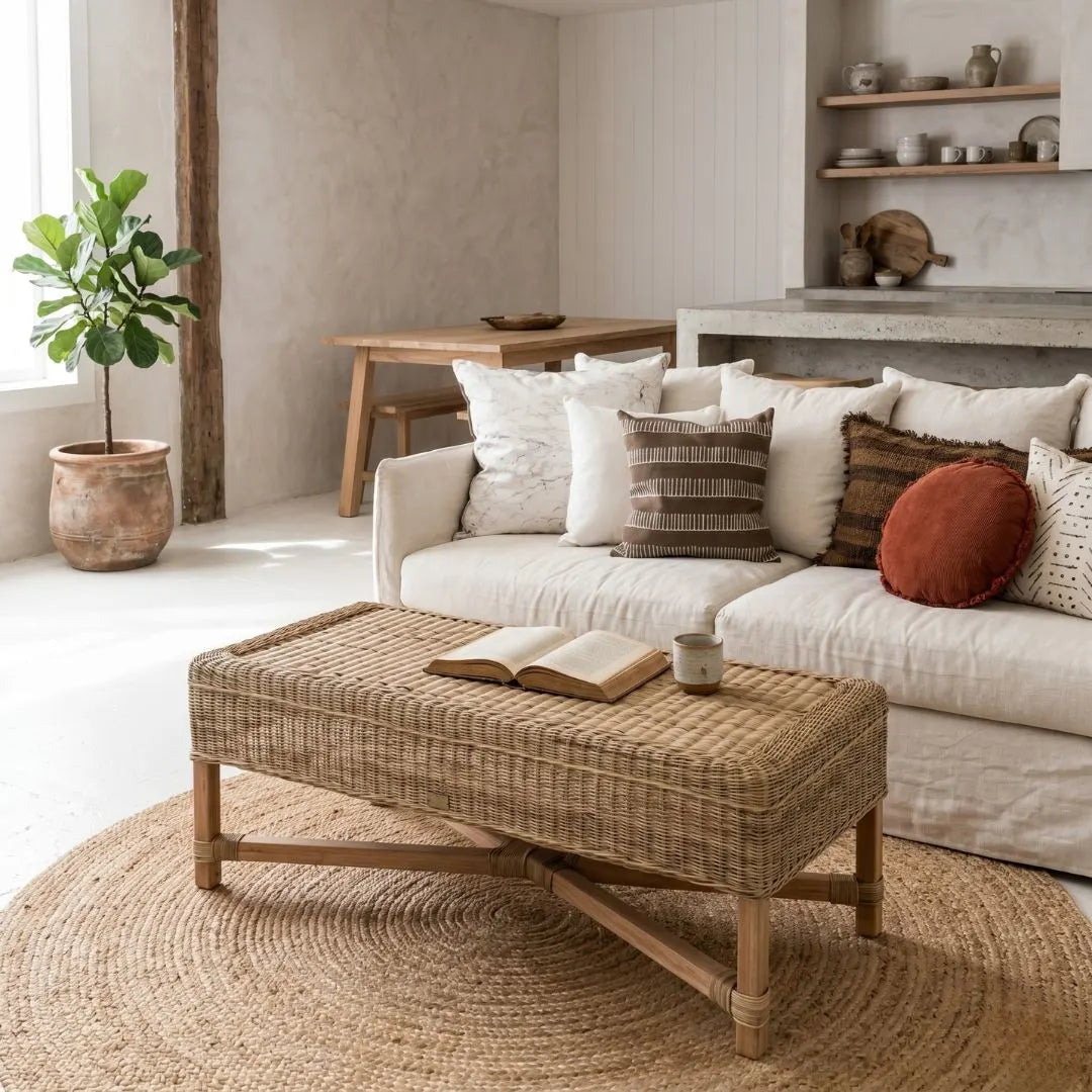 Living room with a beige sofa, wicker coffee table, and decorative pillows.
