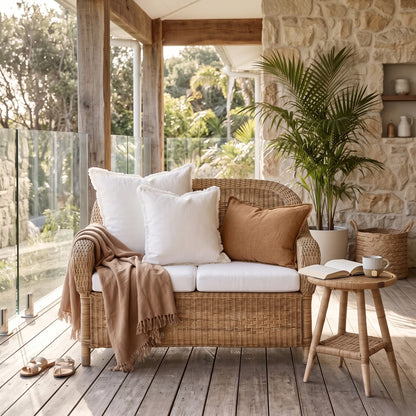 A wicker outdoor loveseat with white and tan cushions, a beige throw blanket, and a small wooden side table with a mug, set on a wooden deck with a stone wall and potted plant in the background.