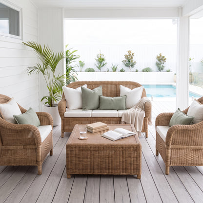 Outdoor patio furniture set including a wicker sofa, two matching armchairs, and a rectangular wicker coffee table, arranged on a light gray deck with white cushions and sage green pillows. A potted palm and a pool are visible in the background.