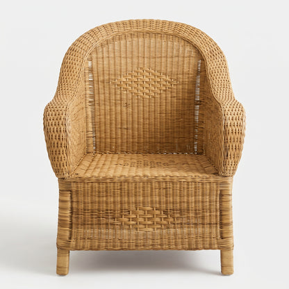 A classic woven wicker armchair in a natural light brown color, photographed from a straight-on perspective against a clean, light gray studio background.