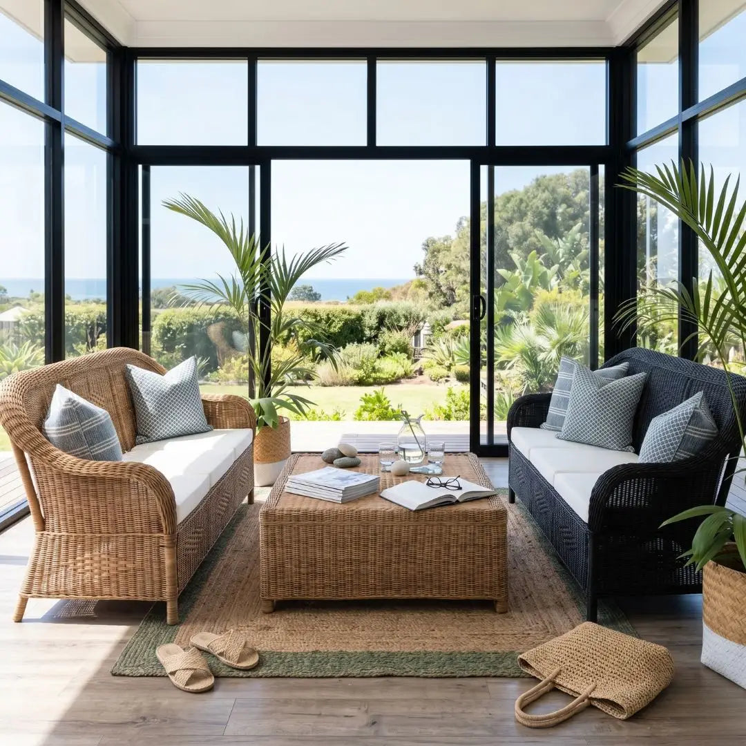Outdoor patio with wicker furniture, coffee table, and view of greenery