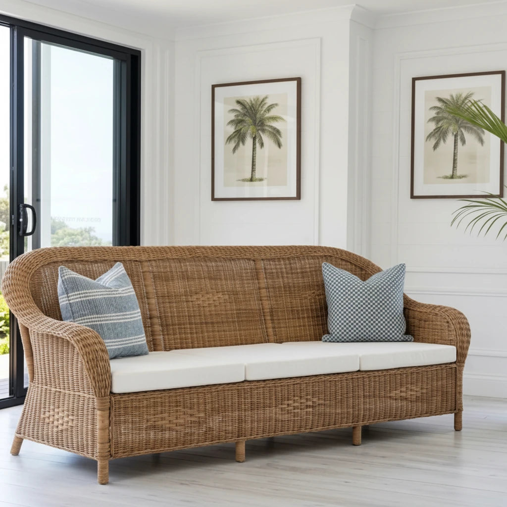 Wicker sofa with white cushions in a room with large windows and plants