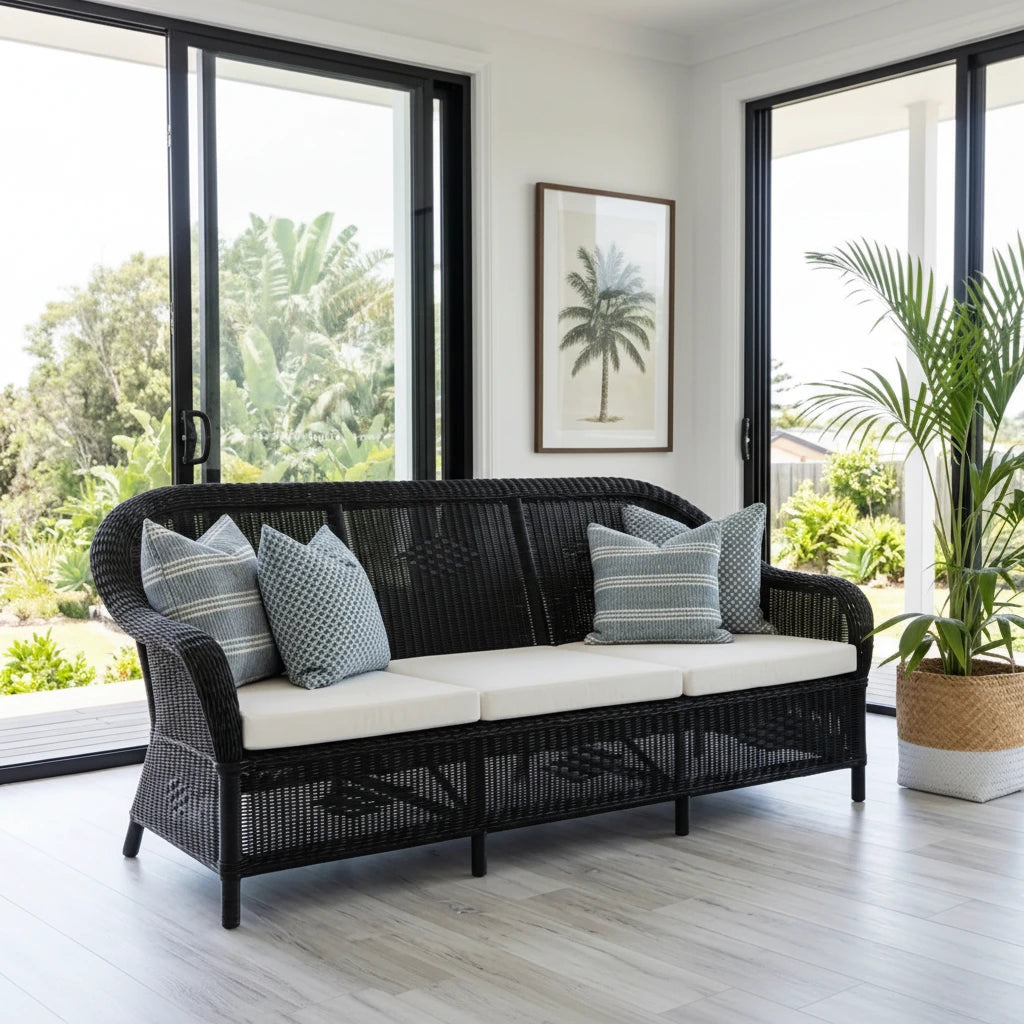 Black wicker sofa with white cushions in a room with large windows and plants.