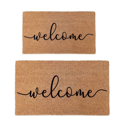 Two brown doormats with 'welcome' text on a white background