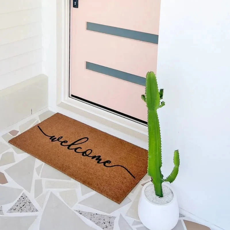 Doormat with 'welcome' text in front of a door with a cactus plant on a white surface.