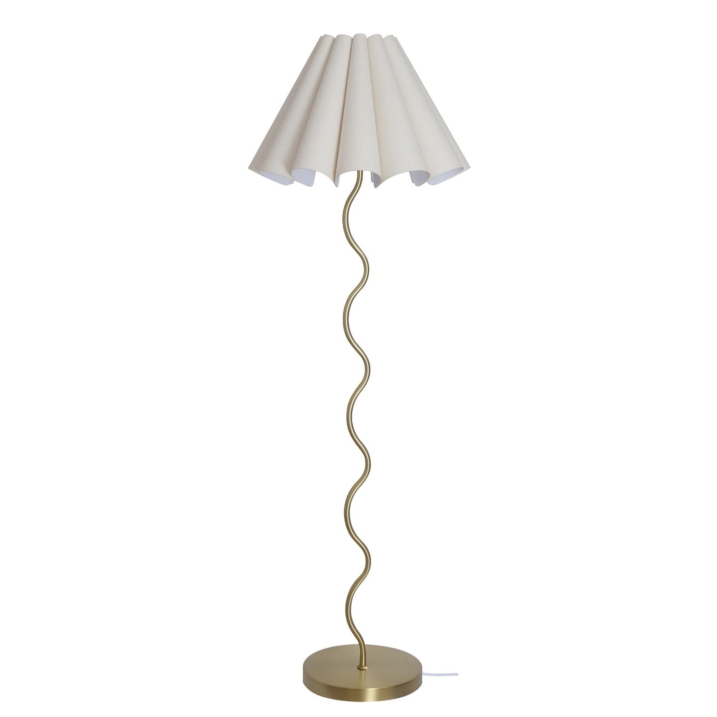 Floor lamp with a white shade and gold curved base on a white background