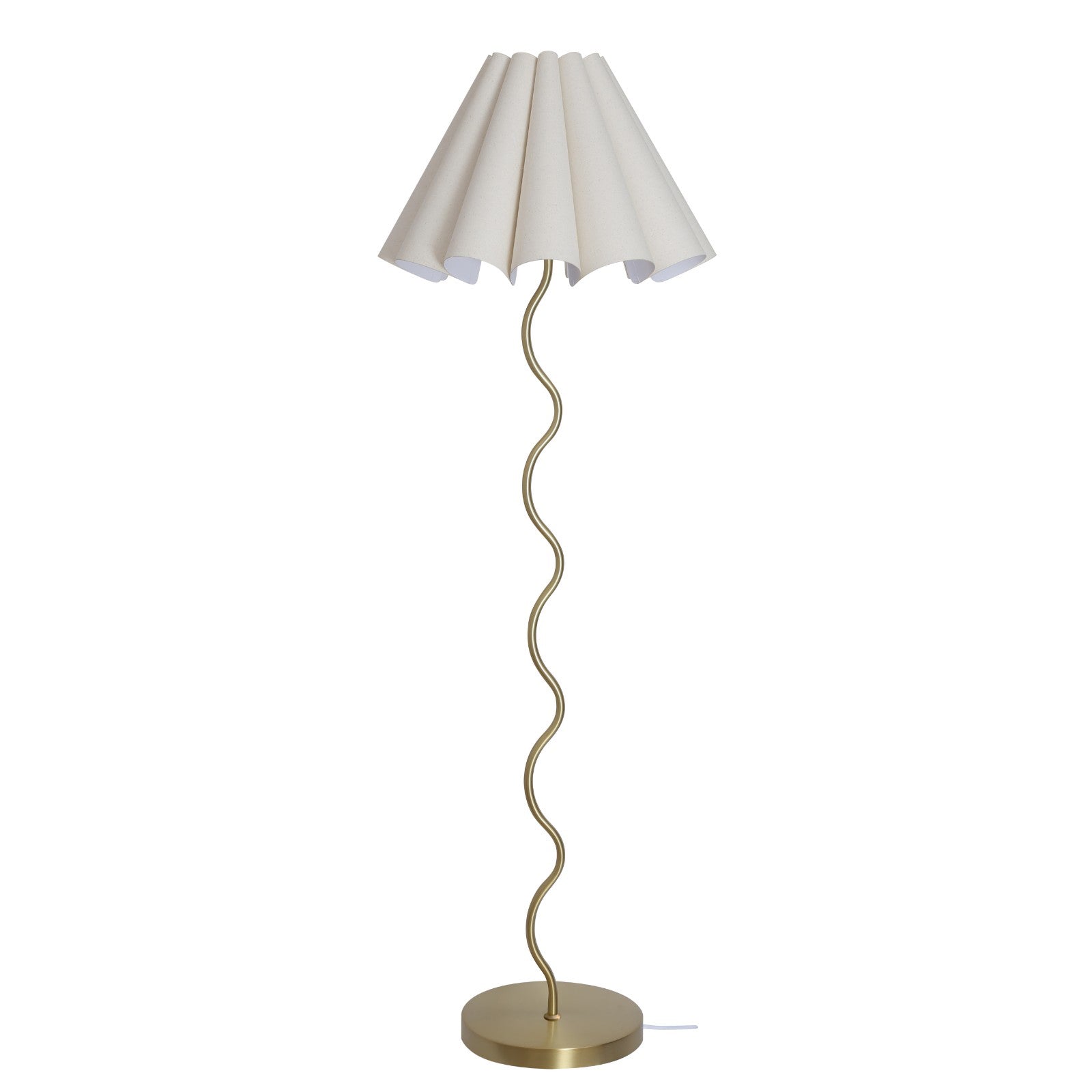 Floor lamp with a white shade and gold curved base on a white background