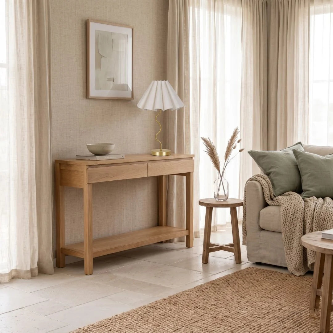 Sun Republic gold cora table lamp in a modern living room setting styled on an American Oak console