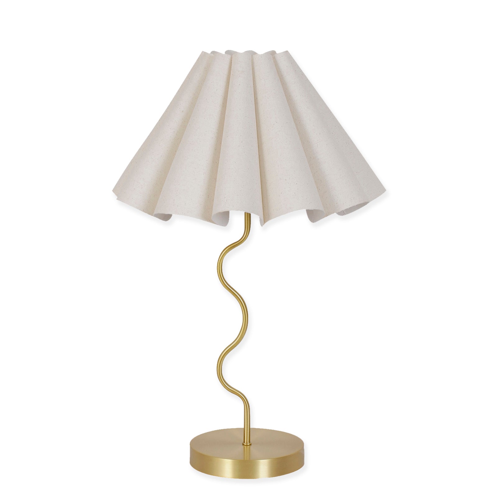 Cora Table lamp with a white pleated shade and gold curved base on a white background