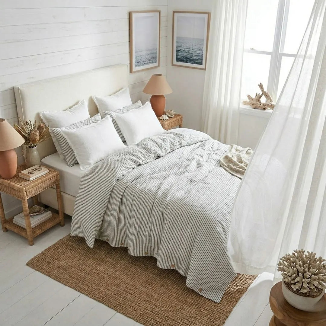 Neatly made bed with white and gray bedding in a bright bedroom.