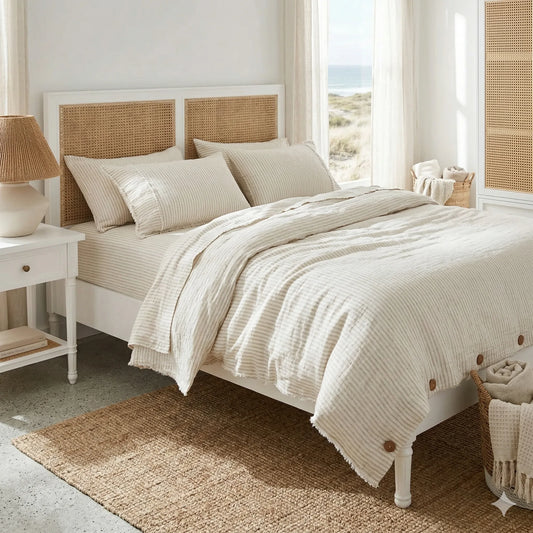 Neatly made bed with white and natural pin stripe bedding in a bright bedroom with large windows.