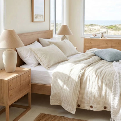 Neatly made bed with wooden headboard and nightstands in a bright bedroom.
