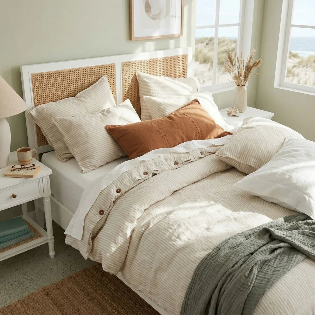 Neatly made bed with white bedding and brown accents in a bright bedroom.