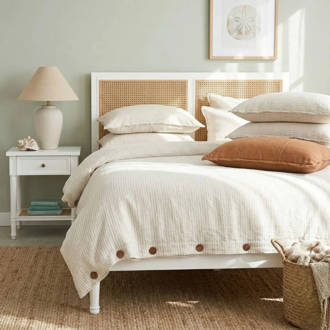 Bedroom with a bed featuring white bedding and brown pillows, a nightstand with a lamp, and a woven basket.