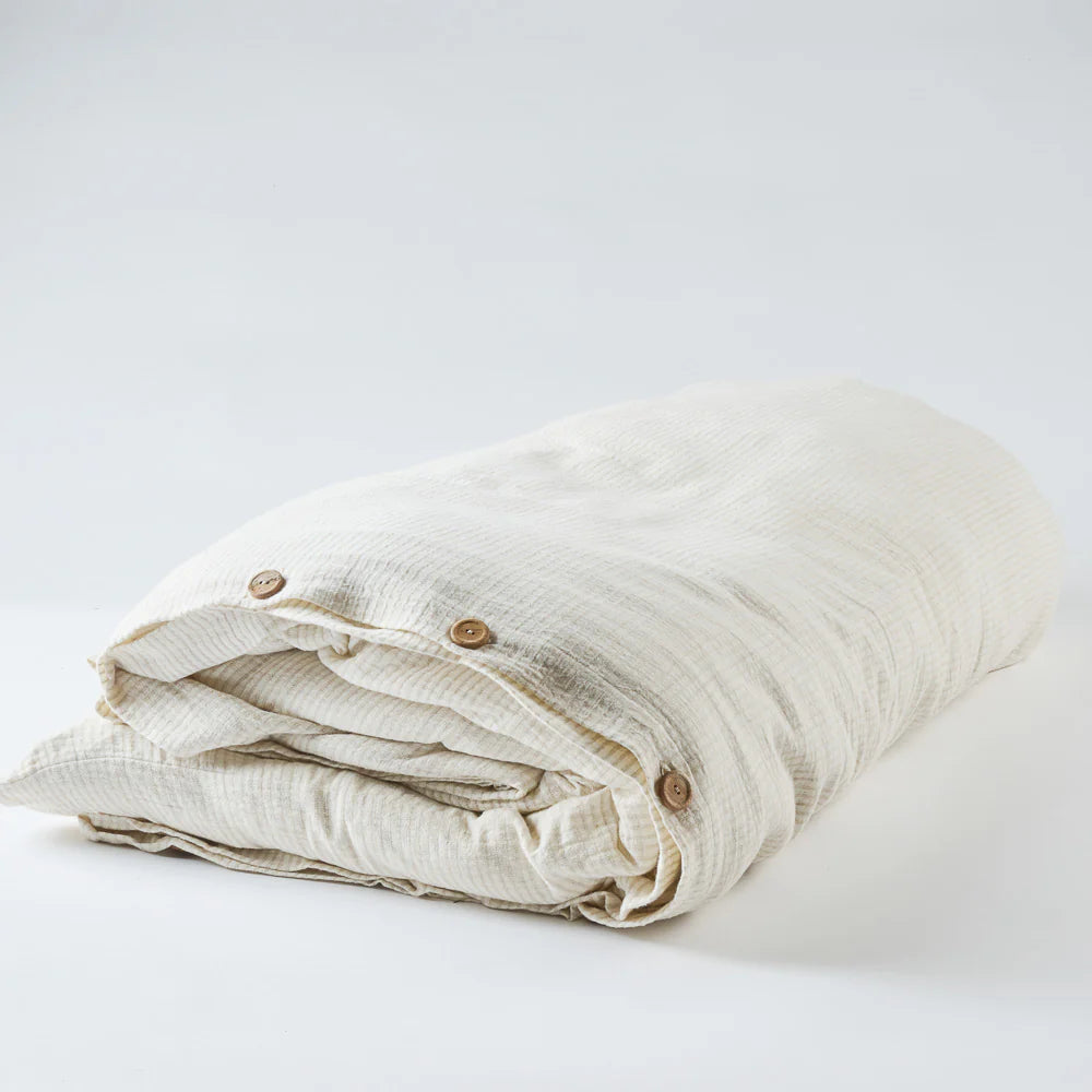 Cotton duvet cover in off white and natural pin stripe with button details 