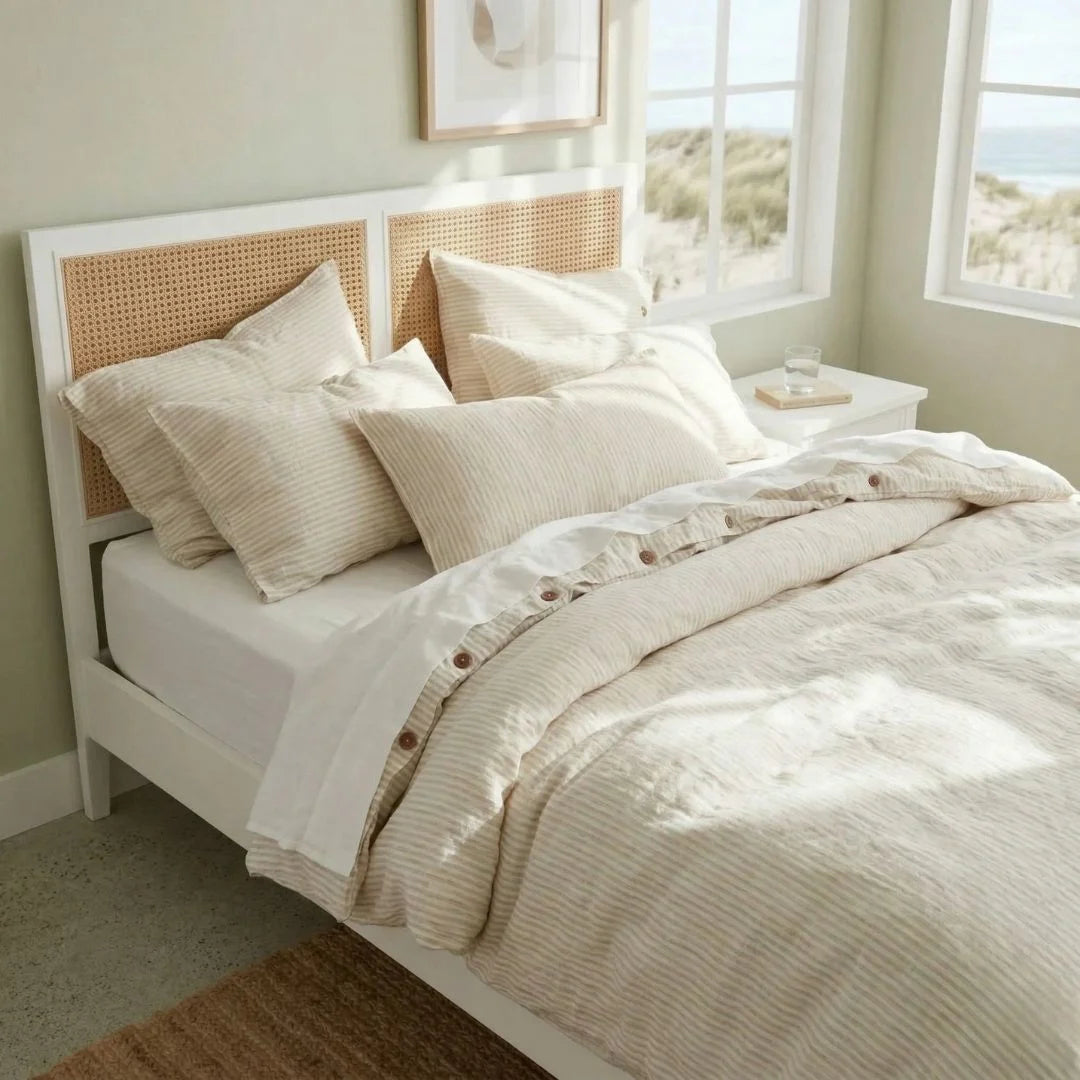 Neatly made bed with beige bedding in a bright bedroom