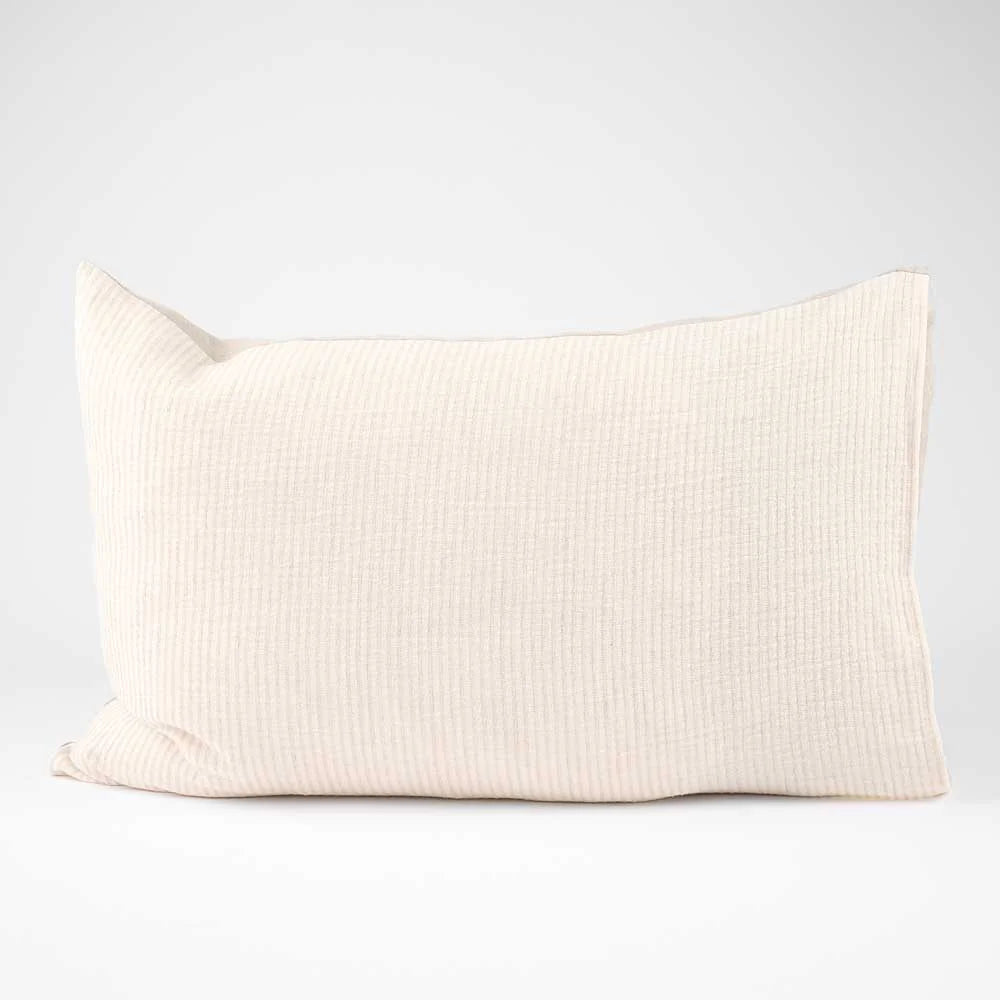 Cotton Pillowcase Set in Organic White with Natural Pin Stripe