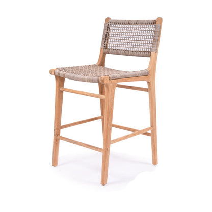 Wooden bar stool with woven seat on a white background