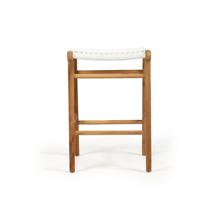 Wooden bar stool with white cushioned seat on a white background