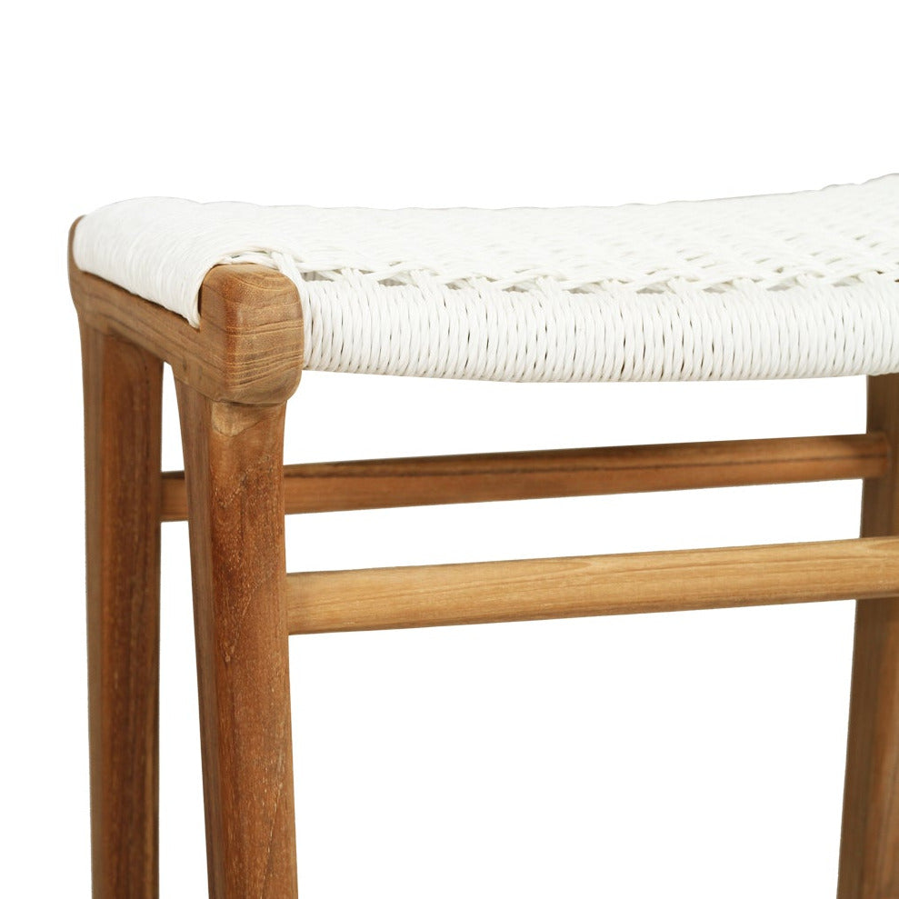 Wooden stool with a white woven seat on a white background