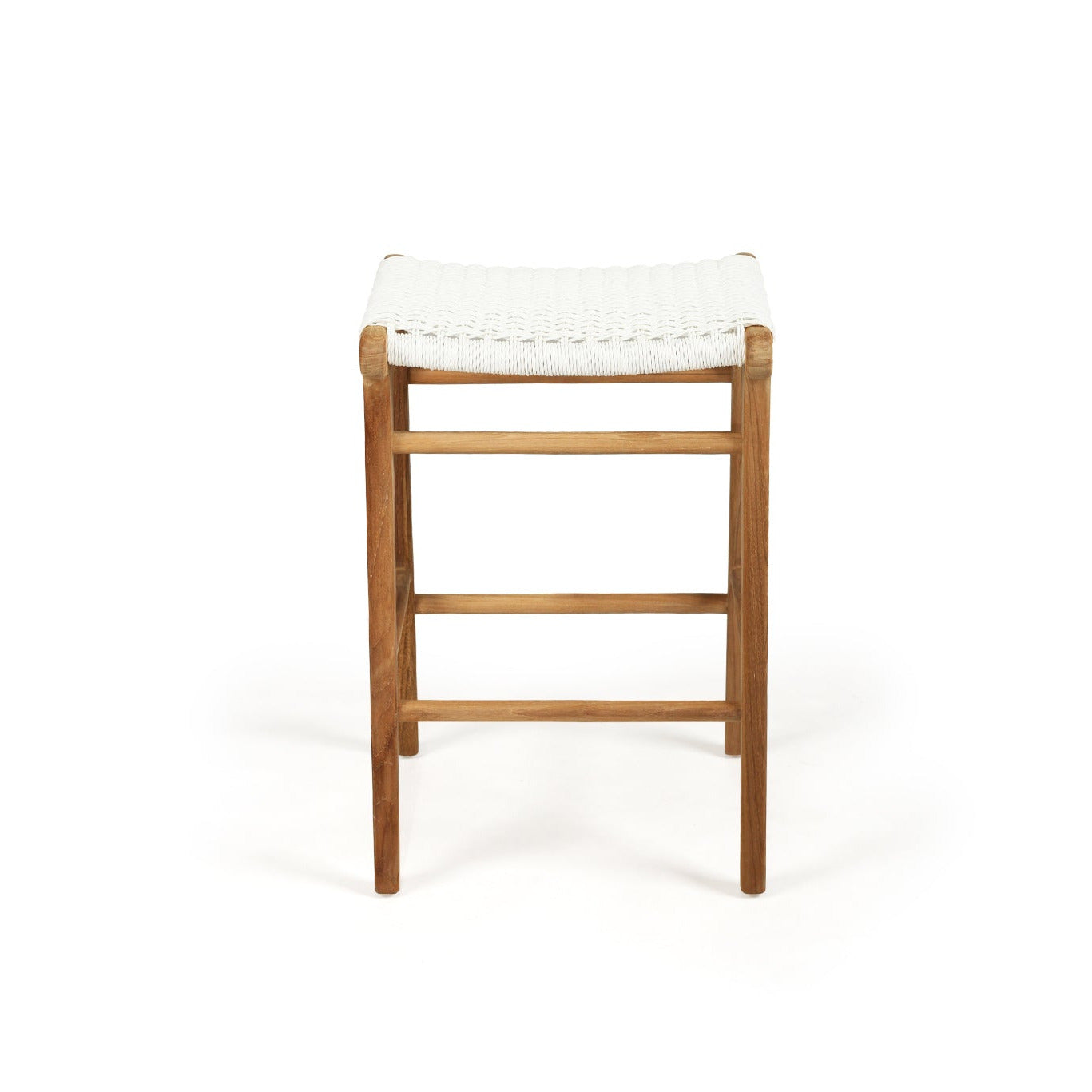Wooden bar stool with a white cushion on a white background