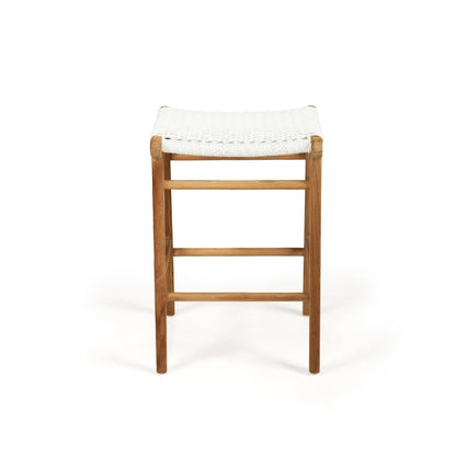Wooden bar stool with a white cushion on a white background