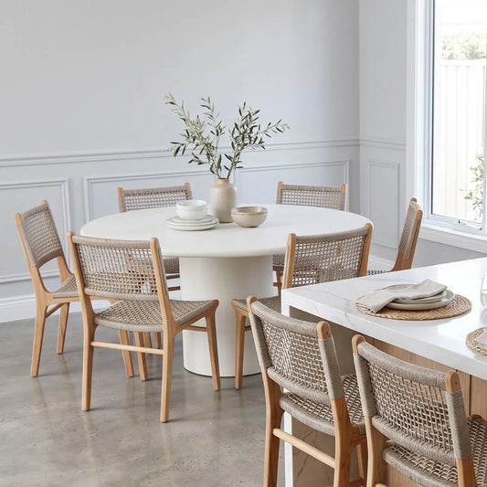 Dining room with round table and chairs in a bright room