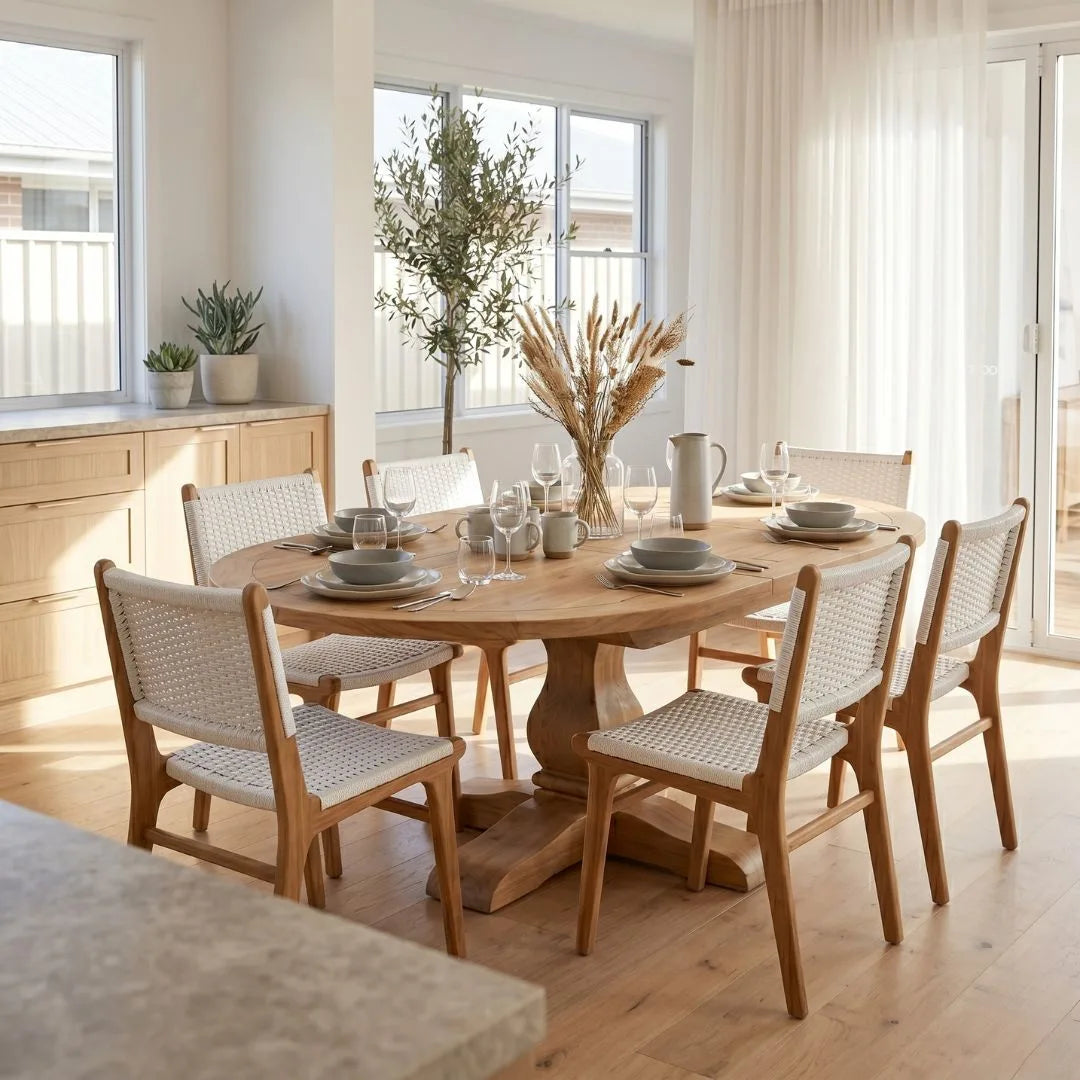 Dining room with a wooden table and chairs in a bright, sunlit room.
