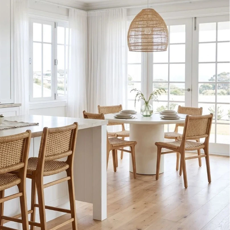 Modern kitchen with white island and wooden chairs