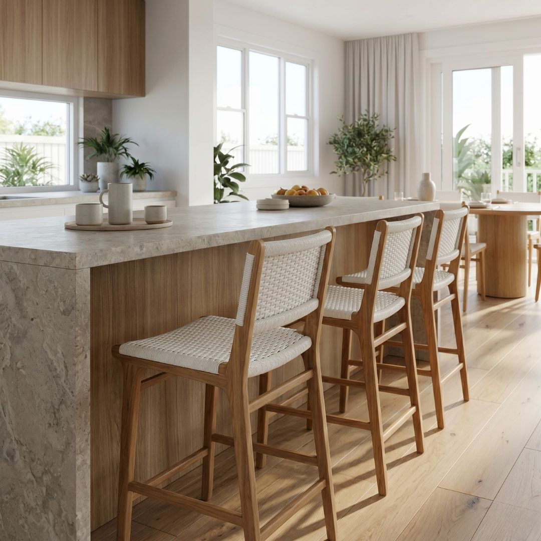 Modern kitchen with marble island and wooden bar stools.