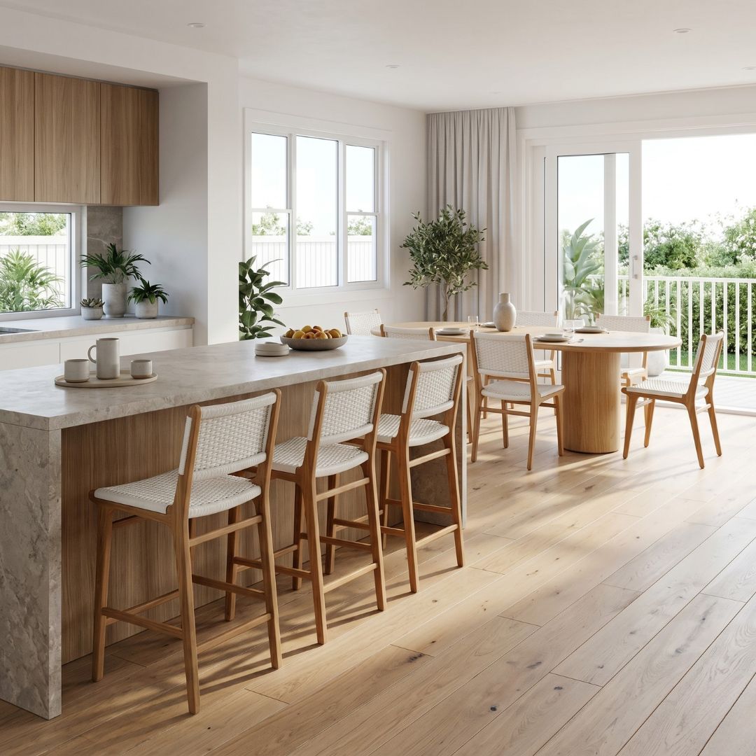 Modern kitchen with marble island, wooden chairs, and large windows.