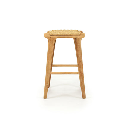 Wooden bar stool with woven seat on a white background