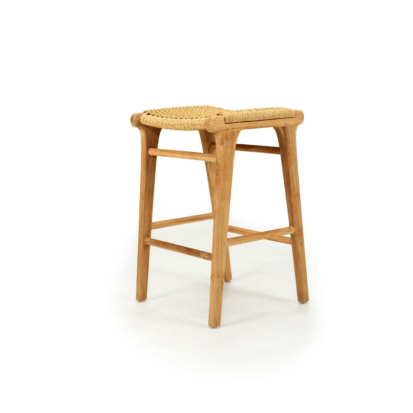 Wooden bar stool with woven seat on a white background