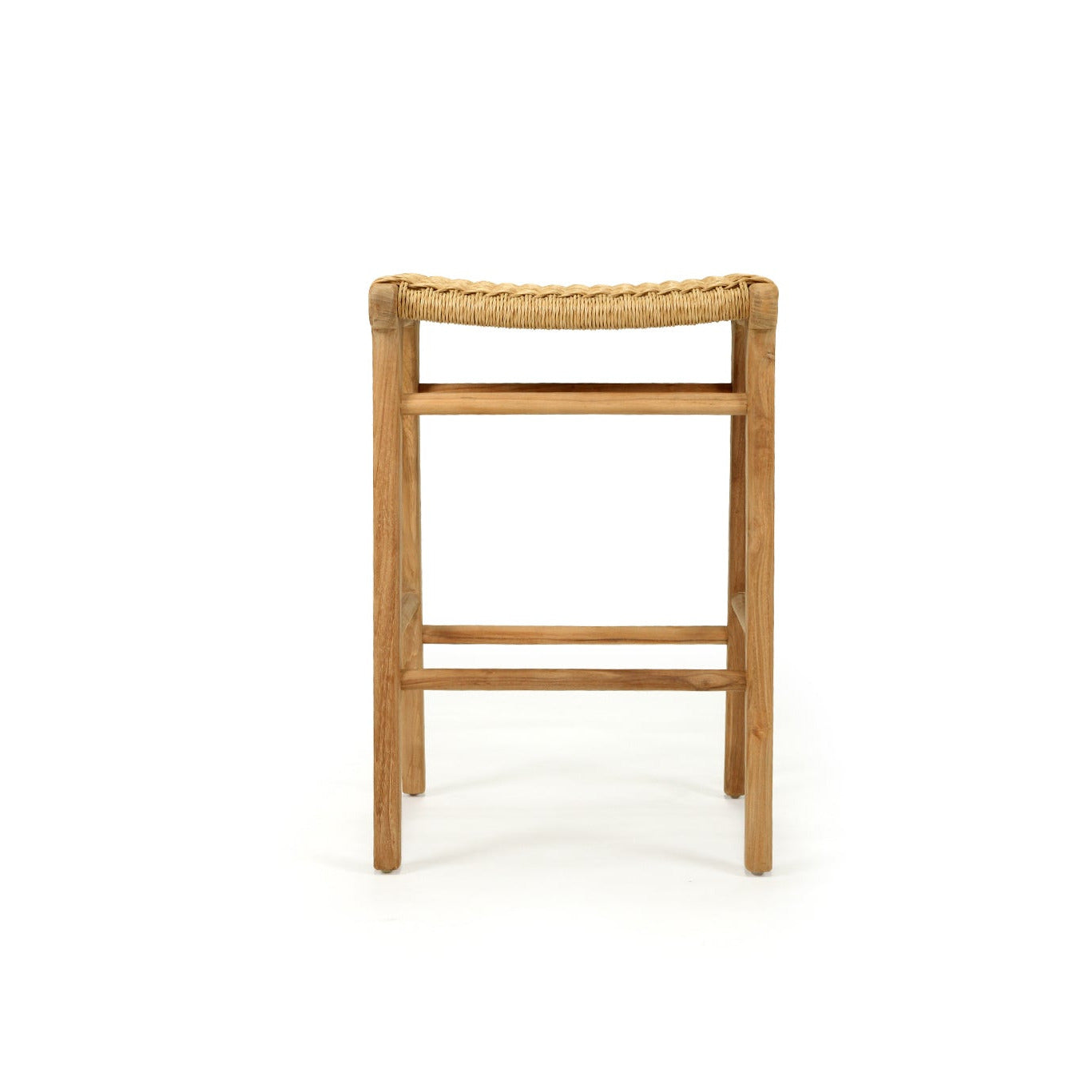 Wooden stool with woven backrest on a white background