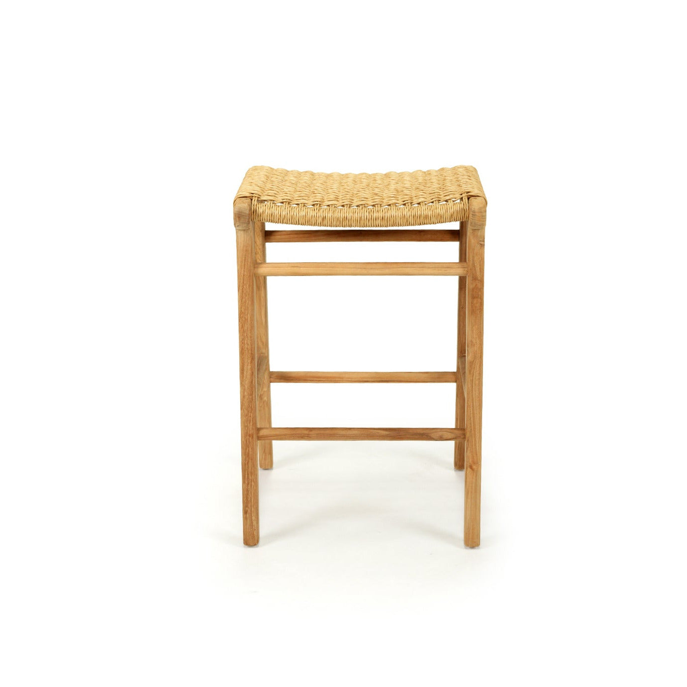 Wooden bar stool with woven seat on a white background