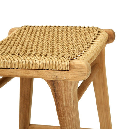 Wooden stool with woven seat on a white background