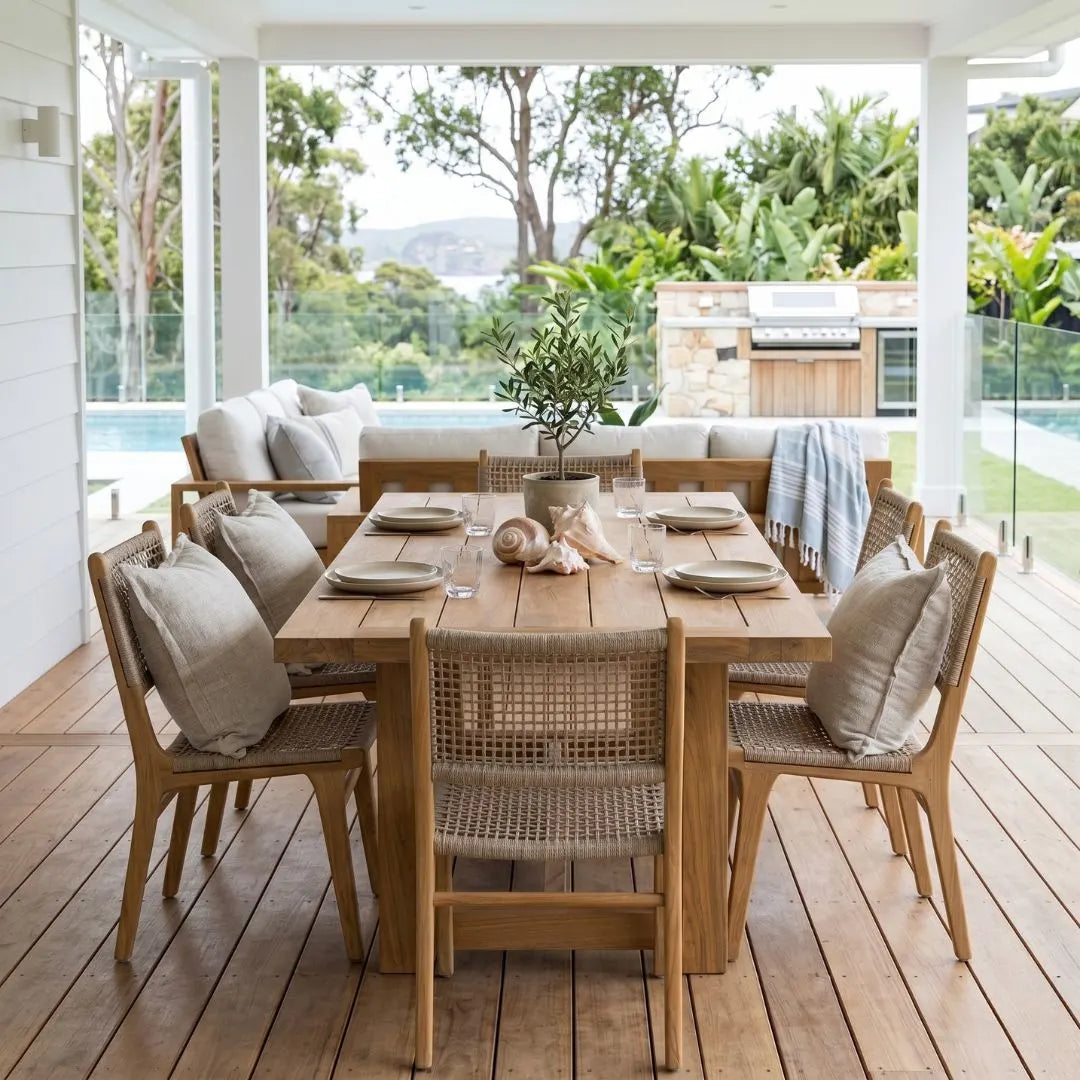 Outdoor dining area with wooden table and chairs on a deck, surrounded by greenery.