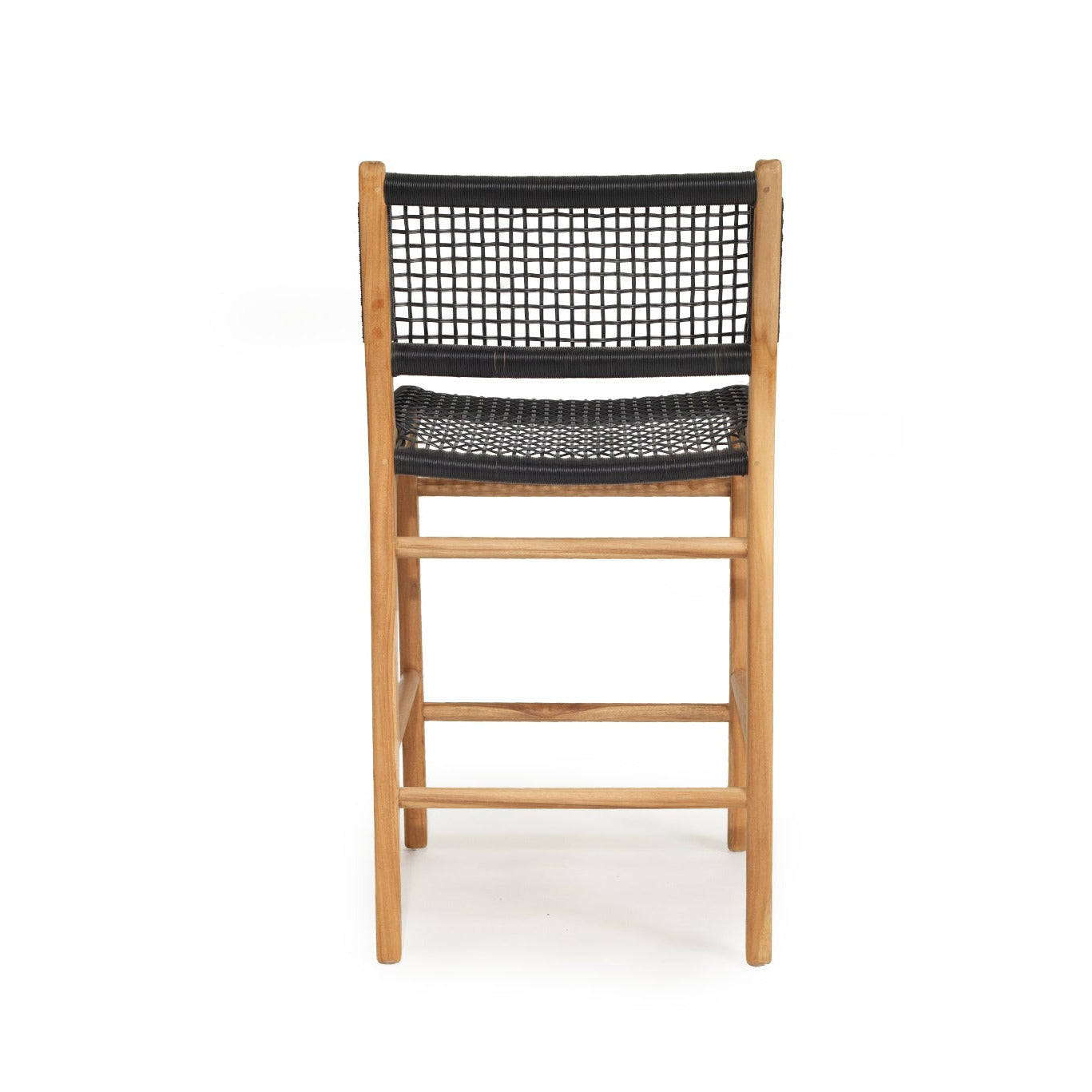 A wooden bar stool with a natural oak frame and a black woven rope seat and backrest, shown from the rear against a plain white background.